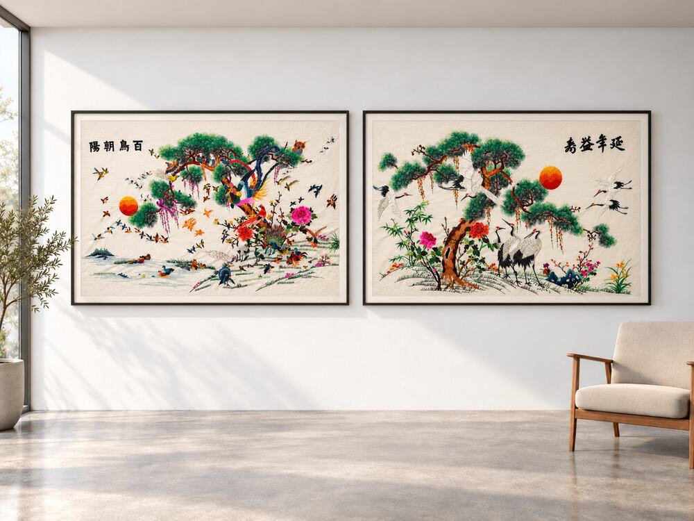 Pair Huge 72x48 Vintage Chinese Hand Embroidered Wall Textiles Mid Century Birds